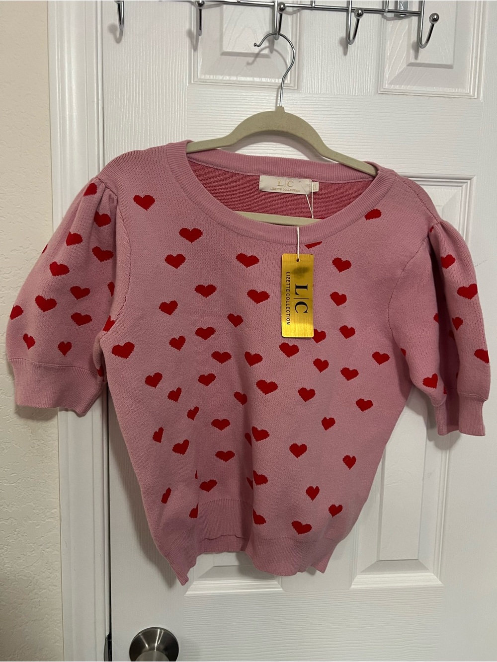 NWT Pink Knit Sweater with Red Heart Print